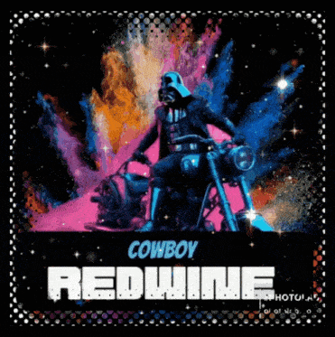 darth vader riding a motorcycle with the words cowboy redwine below him