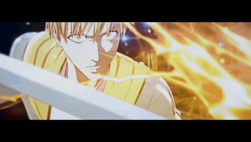 a man in a yellow shirt is holding a sword in front of a fire