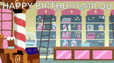 a candy store with the words happy birthday milou