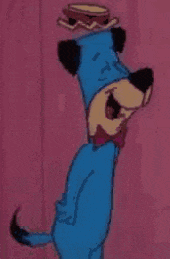 a cartoon dog wearing a hat and bow tie is standing on one leg .