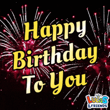 a lucas and friends birthday card with fireworks behind it