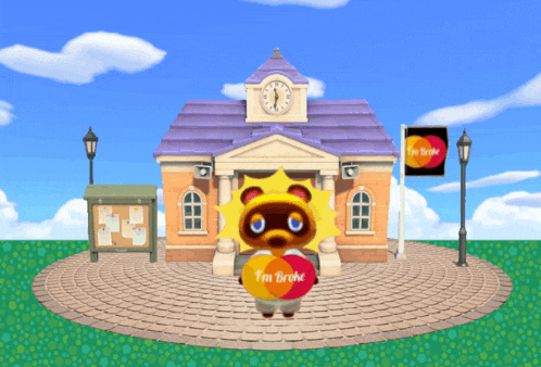 animal crossing tom nook is holding a heart that says i 'm broke
