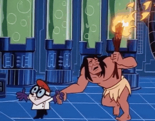 a cartoon character is standing next to a native american man holding a torch .
