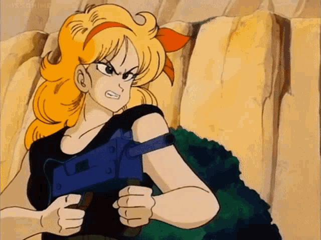 a cartoon girl with blonde hair is holding a gun in her hands .