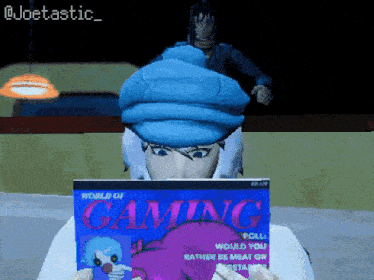 a cartoon character is reading a magazine called world of gaming