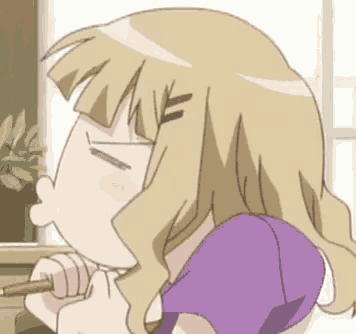 a cartoon girl with blonde hair and a purple shirt is eating with chopsticks