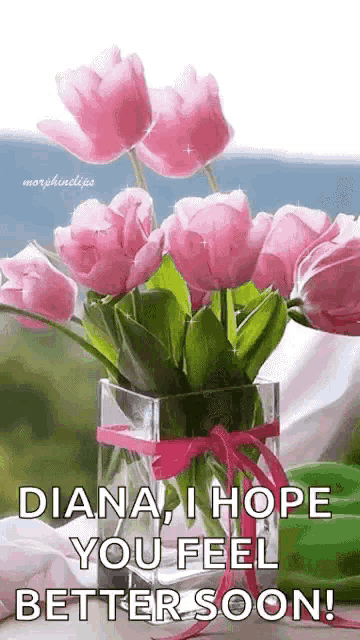 a vase filled with pink flowers with the words `` diana , i hope you feel better soon '' written on it .