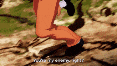 a man in orange pants is running and says " you 're my enemy right "