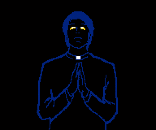 a pixel art drawing of a priest with his hands folded in prayer