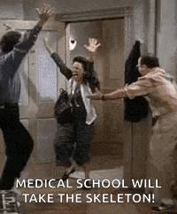 a group of people are jumping in the air in a room with the words `` medical school will take the skeleton ! ''