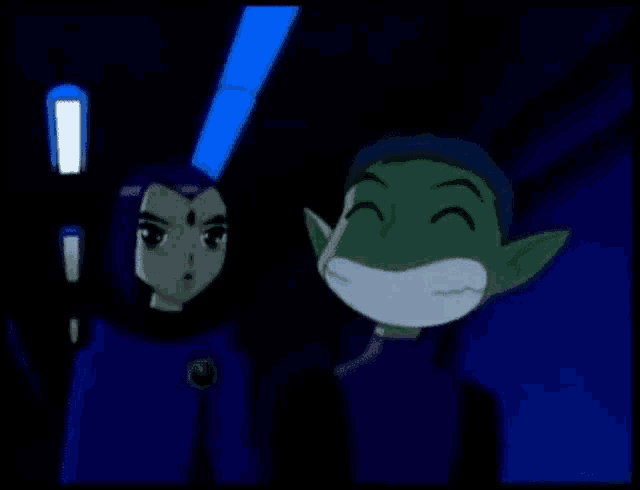 a couple of cartoon characters are standing next to each other in a dark room .
