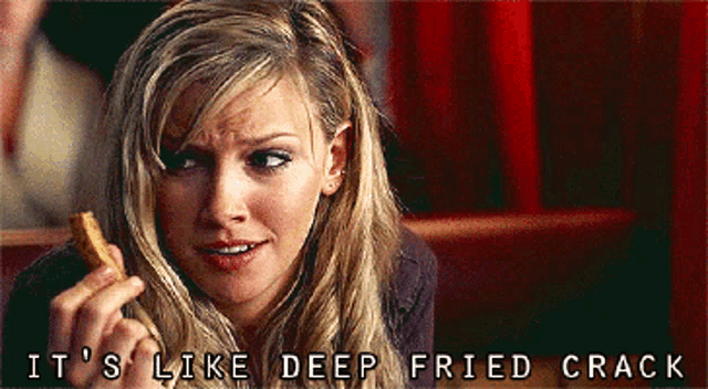 a woman eating a french fry with the words it 's like deep fried crack