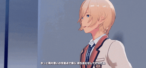 two anime characters are standing next to each other and one has chinese writing on his shirt