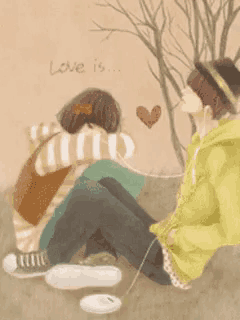 a couple sitting next to each other with the words love is written on the wall