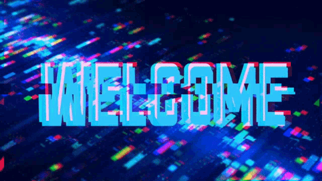 the word welcome is displayed on a blue and red background