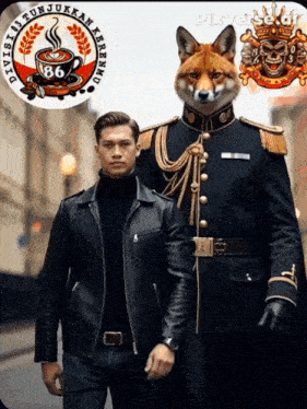 a man in a black jacket is standing next to a fox with a fox head