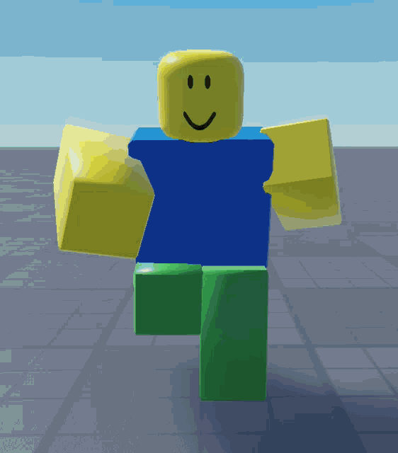 a roblox character with a yellow face and blue shirt