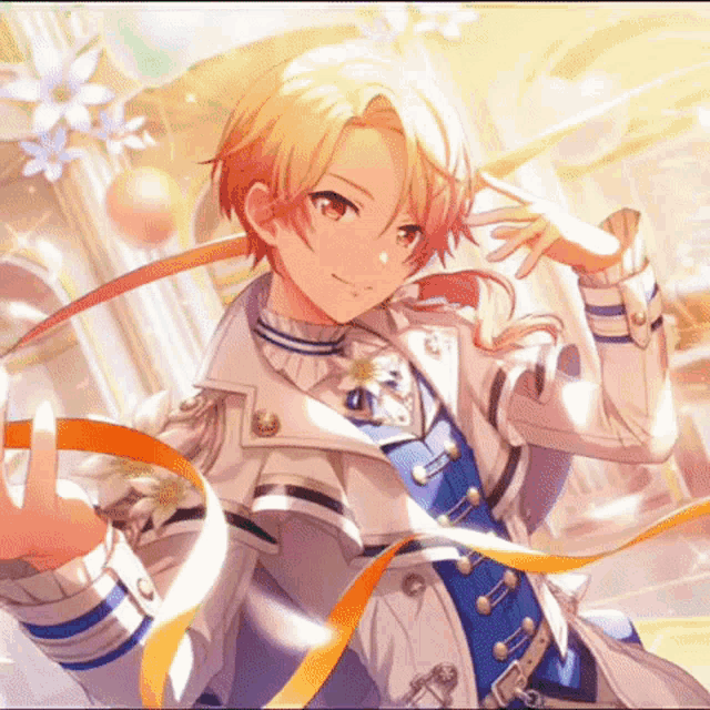 a boy with blonde hair is wearing a white coat and blue vest