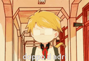 a cartoon boy with glasses is standing in a hallway with the words doppo d adri written on it .