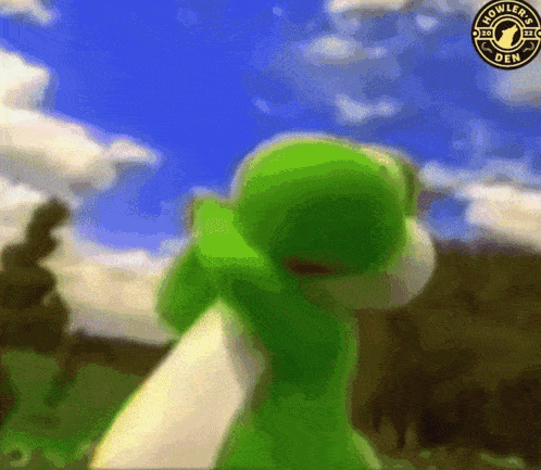 a green and white frog is standing in front of a blue sky with a howlers logo