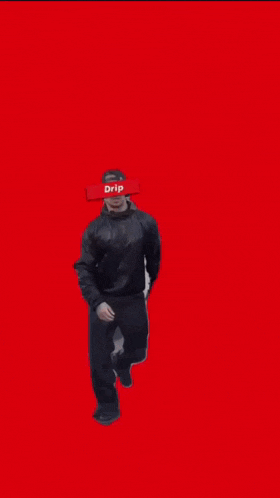 a man wearing a black jacket and pants has a red drip sign over his face