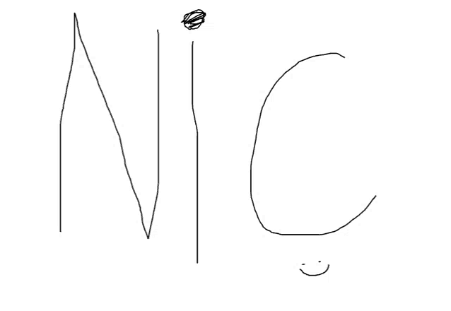a black and white drawing of the word nic with a smiley face
