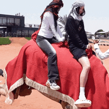 two women are riding a camel and one has a shirt that says ' a few steps ' on it