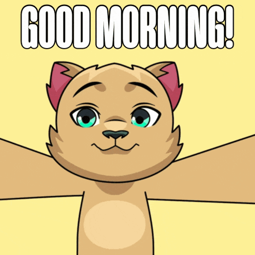 a cartoon cat with its arms outstretched and the words good morning