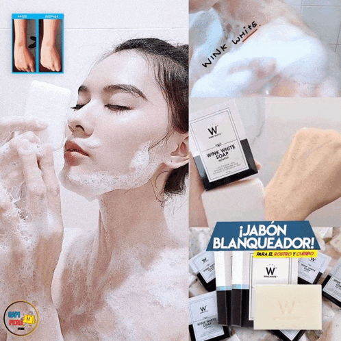 a woman is washing her face with a wink white soap bar