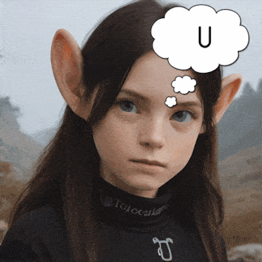 a girl with a thought bubble with the letter u on it