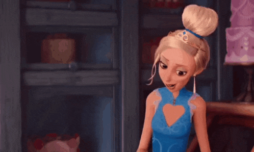 a cartoon girl in a blue dress with a heart cut out in the chest is dancing .