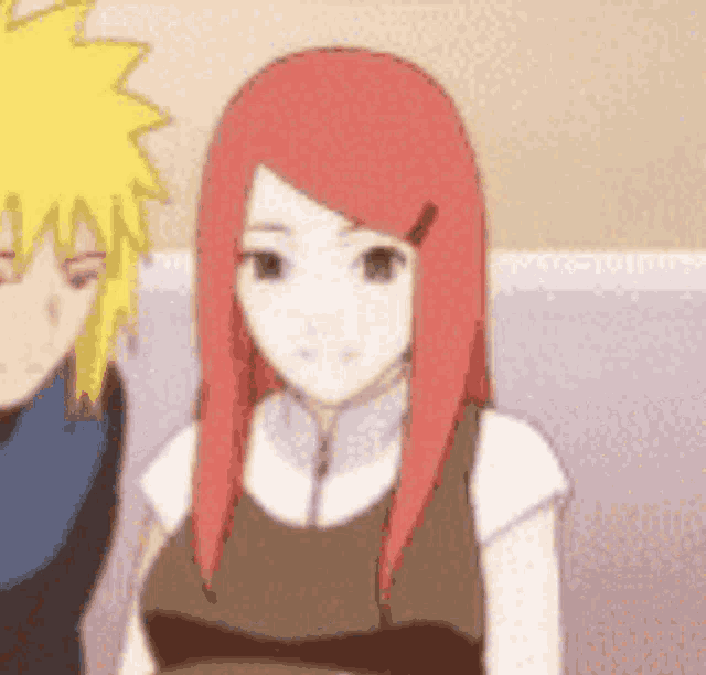 a girl with red hair is standing next to a man with yellow hair in a cartoon .