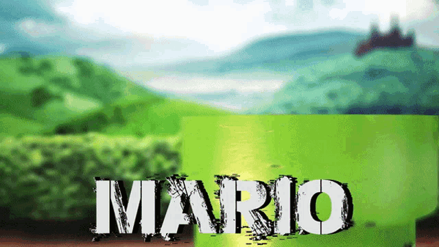 the word mario is on a green background with mountains in the background
