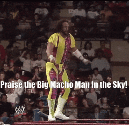 a wrestler in a purple and yellow outfit says praise the big macho man in the sky while standing on a ring