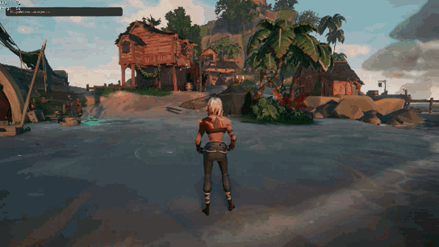 a screenshot of a video game shows a woman standing in front of a small island