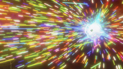 a computer generated image of a colorful light explosion .