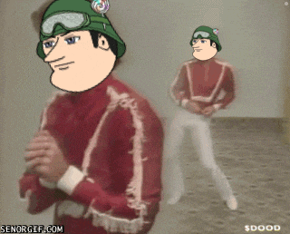 a cartoon of a man wearing a red jacket and a green helmet with a lollipop on it