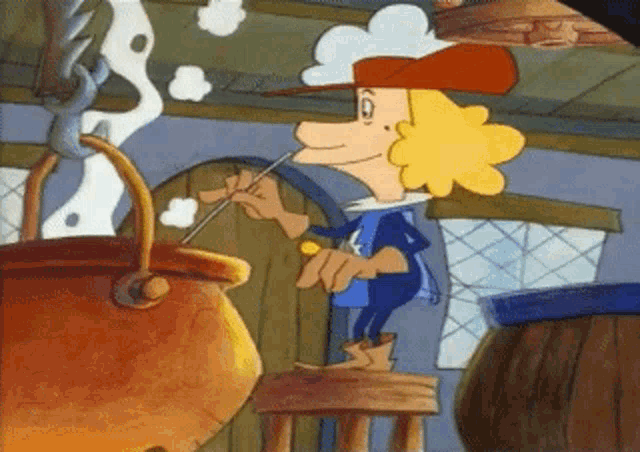 a cartoon character is standing next to a pot