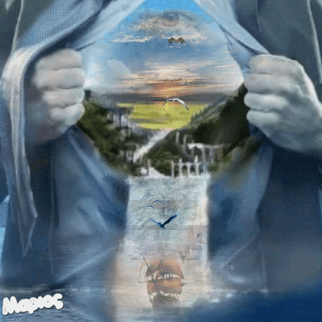 a man 's shirt has a picture of a waterfall and a ship on it and the word magic on the bottom