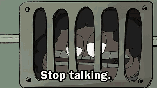a cartoon of a man behind bars with the words " stop talking " above him