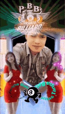 a man in a denim jacket is surrounded by two girls in red dresses