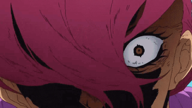 a close up of a person 's face with pink hair and white eyes
