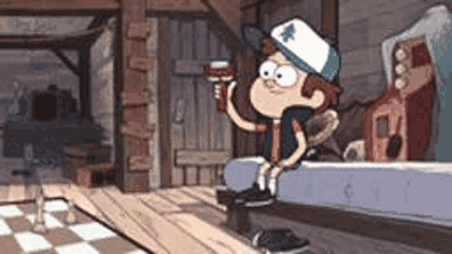 a cartoon character from gravity falls is sitting on a bench drinking a cup of coffee .