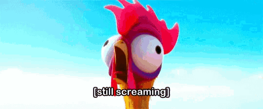 a cartoon rooster is screaming with its mouth open and the words `` still screaming '' written below it .