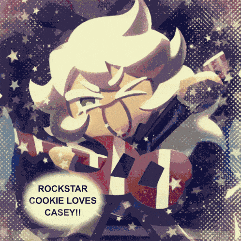 a rockstar cookie playing a guitar with the words rockstar cookie loves casey written below him