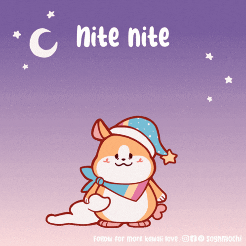a cartoon of a corgi wearing a sleep cap with the words " c nite nite " below it