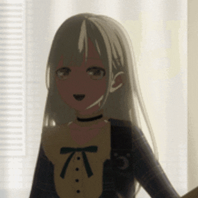 a girl with long white hair is wearing a choker and a cardigan