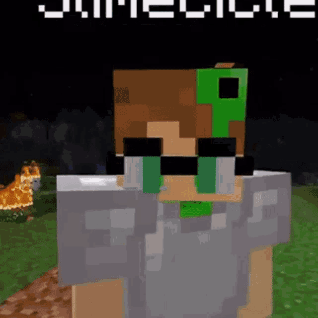 a minecraft character with a creeper on his face is crying .