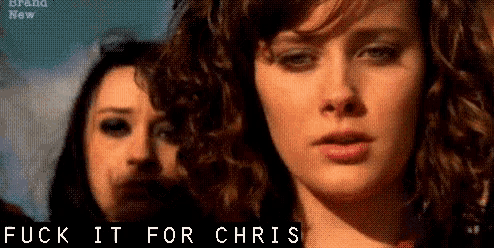 a close up of a woman 's face with the words " fuck it for chris " below it