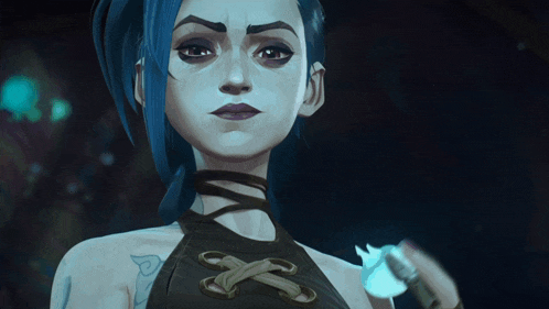 a woman with blue hair and a tattoo on her arm is holding a blue object